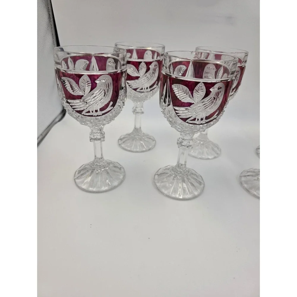Vintage Bohemian Ruby Red Cut to Clear Crystal Wine Goblets Etched Bird Set of 6